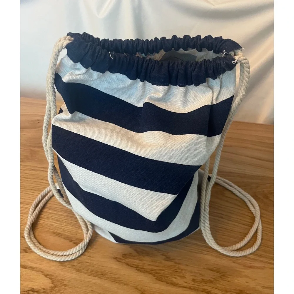 Martha's Vineyard Canvas Drawstring Backpack Navy White Striped Pink‎ Whale Bag